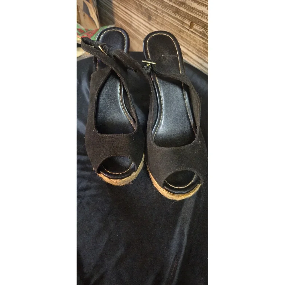 Brash Womens Black Peep Toe Espadrille Wedge Sandals Slingback Size 8